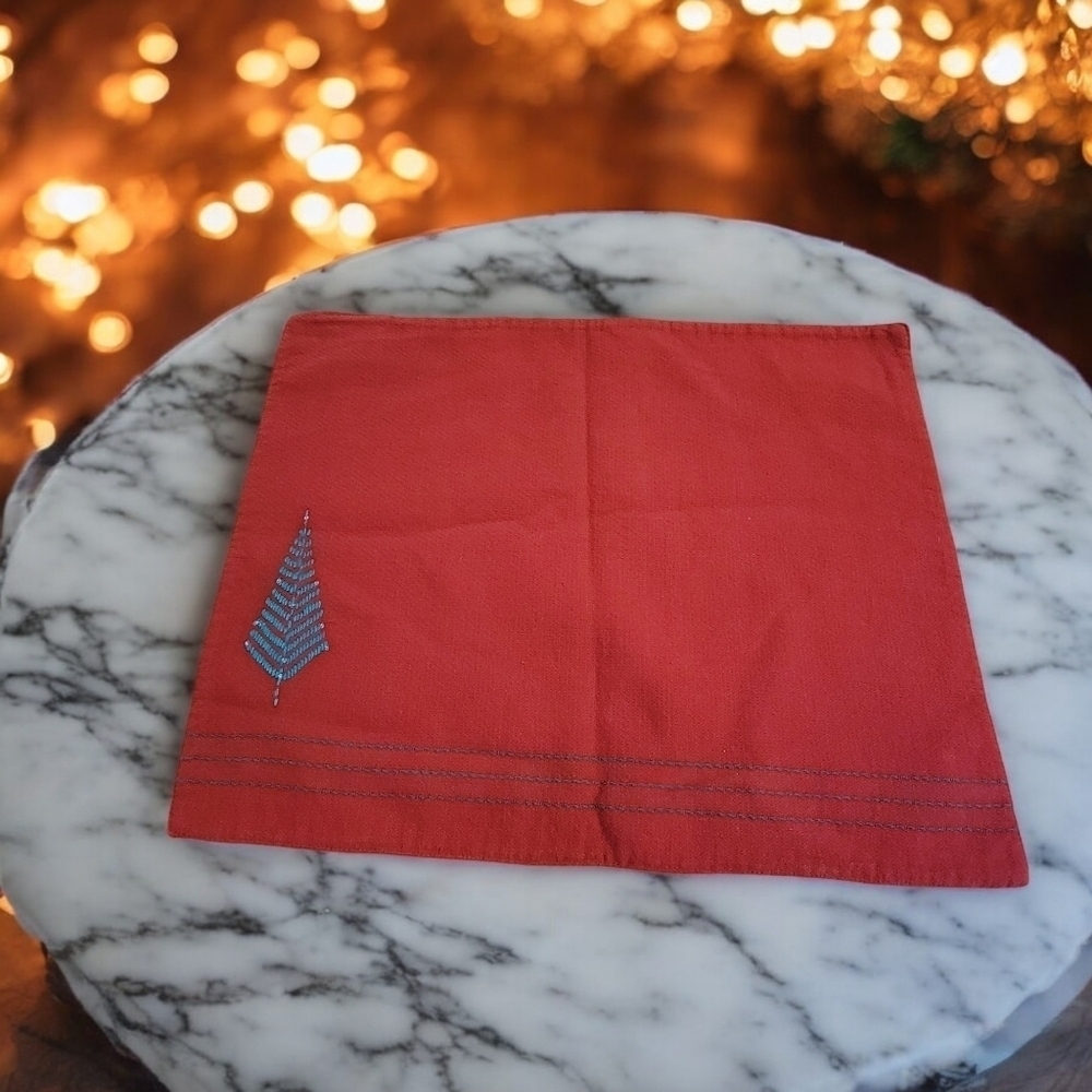 6 Red Embroidered Christmas Tree Placemats with beads 16" x 18"
